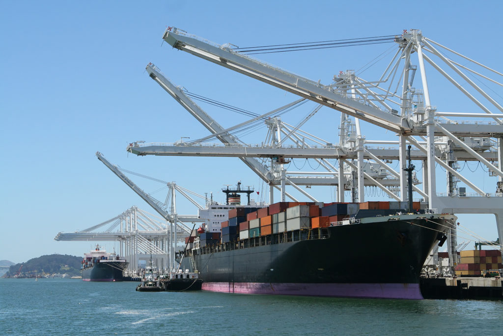 Shipping port with cranes and ships (Conductix-Wampfler)